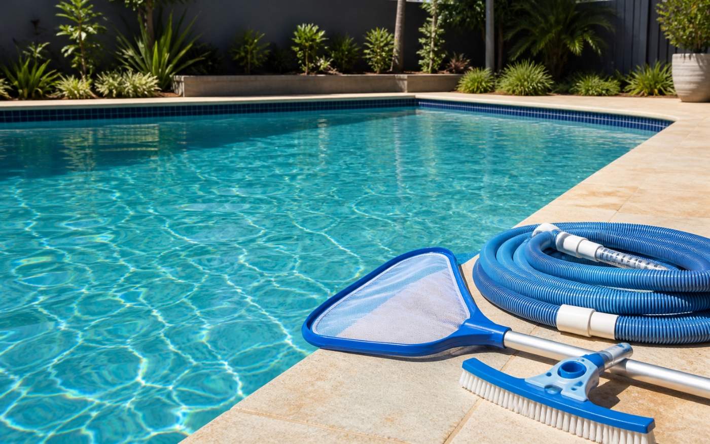 Pool cleaning equipment — skimmer, brush and vacuum hose — beside clear water at a Perth pool