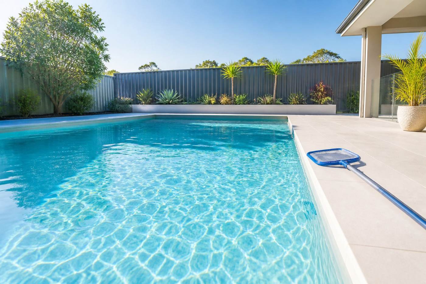Sparkling backyard swimming pool in a sunny Perth garden, ready for summer